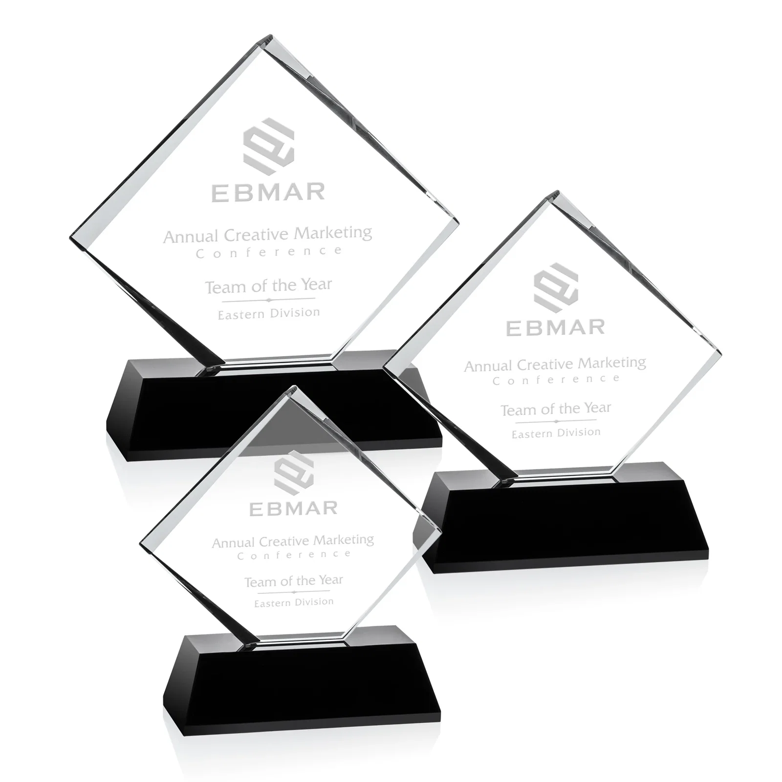 Custom Optical Crystal Diamond Award on White Crystal Base, awards for service anniversary gifts