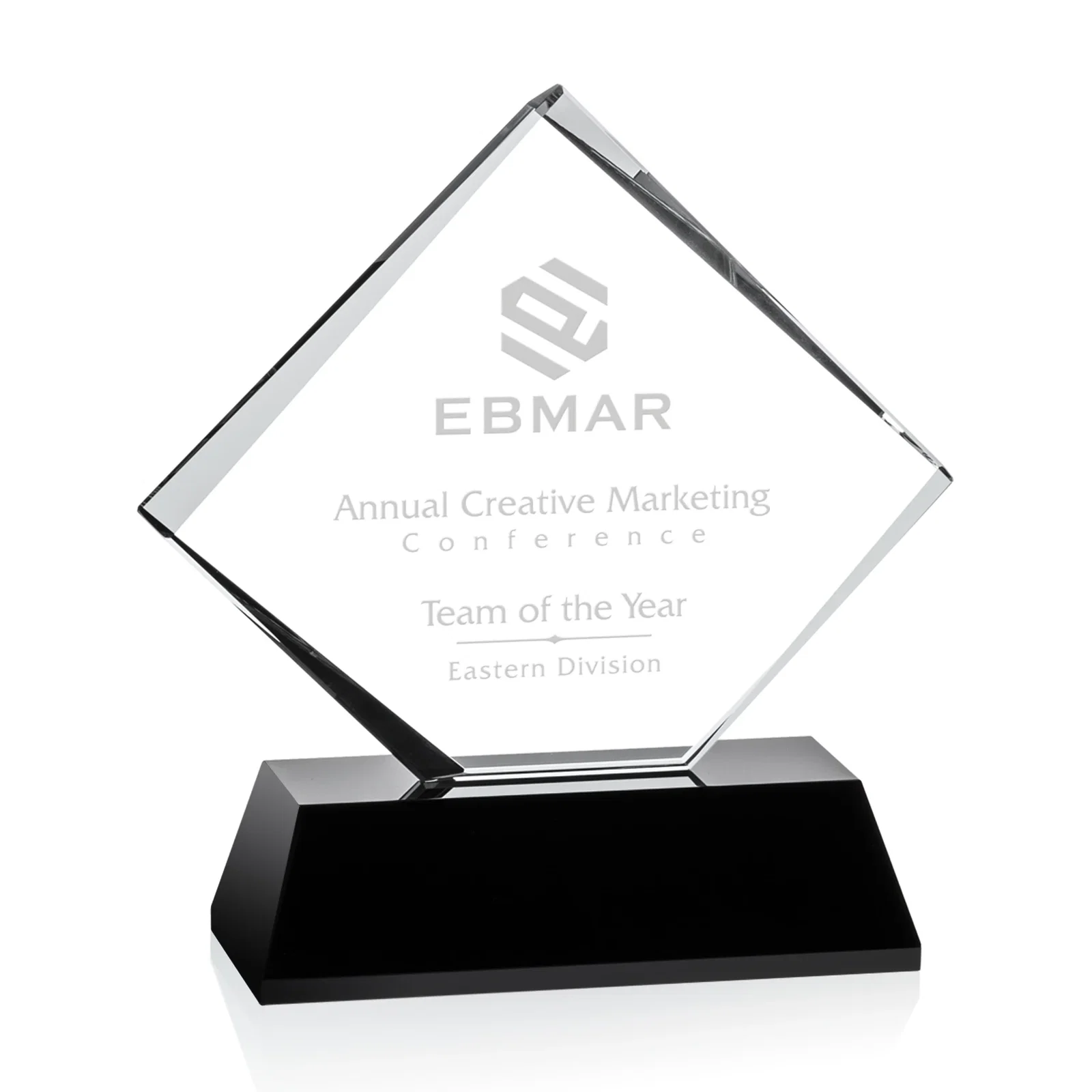 Custom Optical Crystal Diamond Award on White Crystal Base, awards for retirement presentations