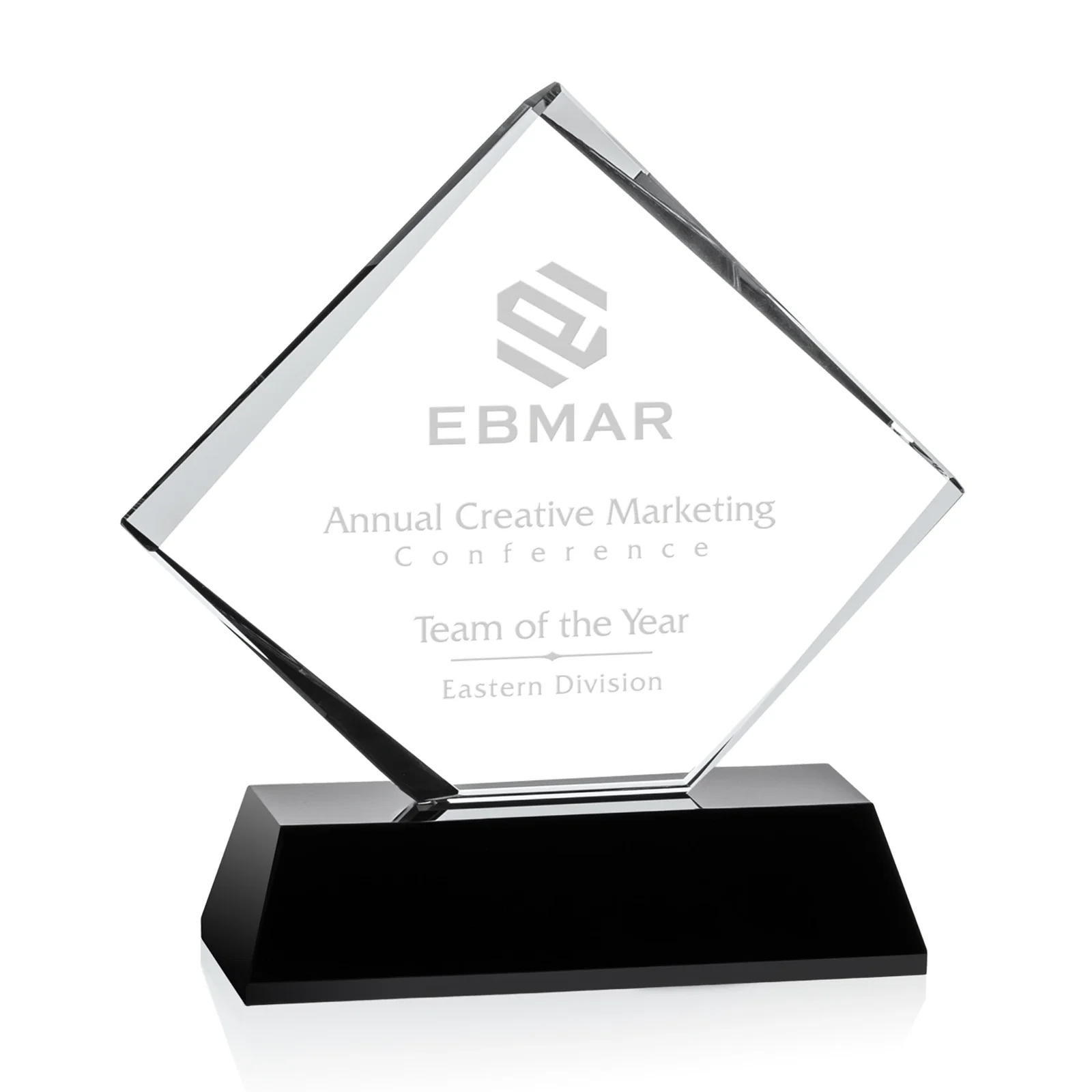 Custom Optical Crystal Diamond Award on White Crystal Base, awards for team milestone celebrations