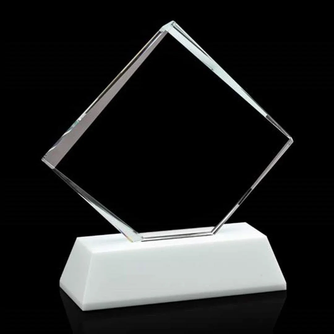 Custom Optical Crystal Diamond Award on White Crystal Base, awards for donor appreciation