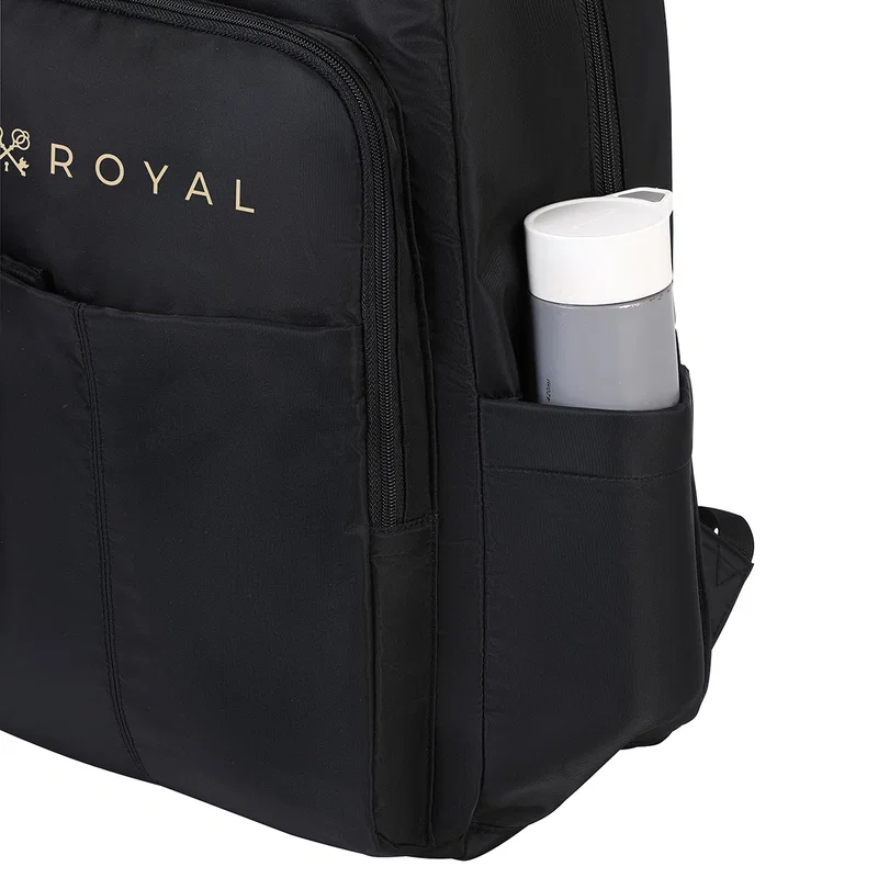 Angled view of the promotional Niro Twill Polyester Backpack highlighting the front pocket