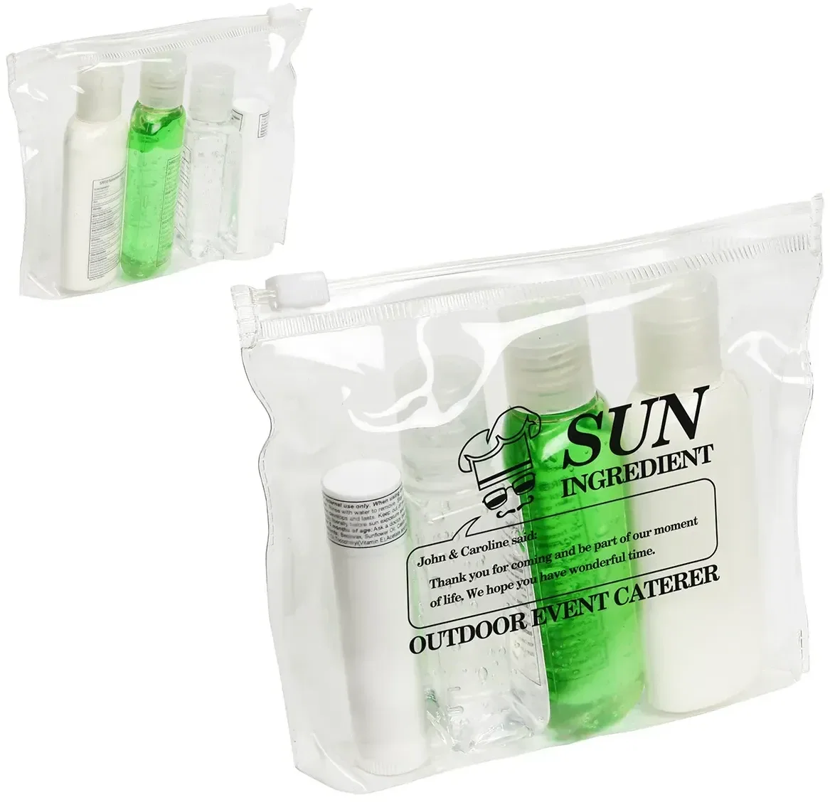 No-Burn sunscreen and aloe outdoor kit, branded sun protection set in a clear reusable zip pouch