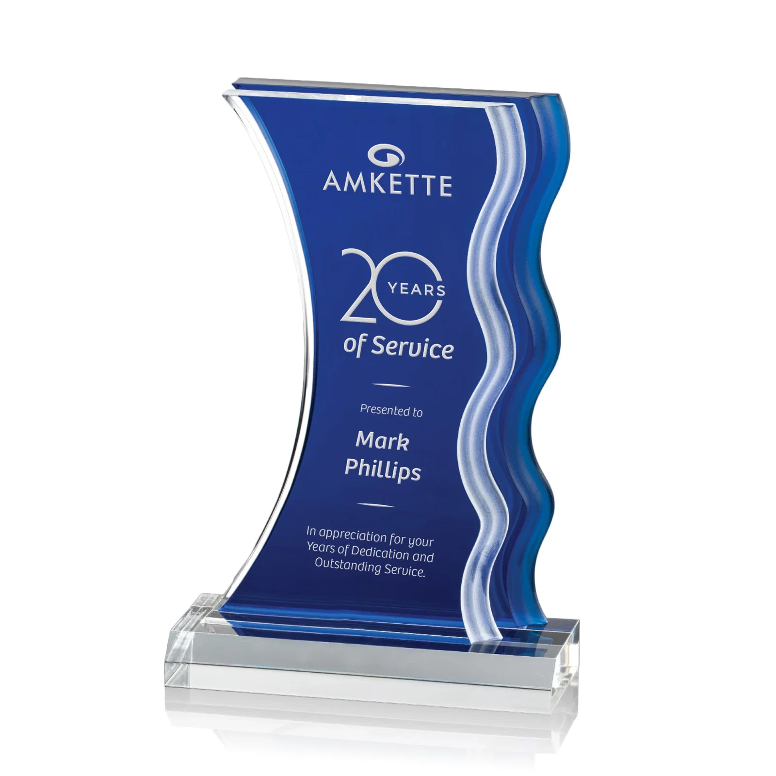 Custom Frosted Acrylic Award with Waterfall Edge and Azure Accent for service anniversary gifts