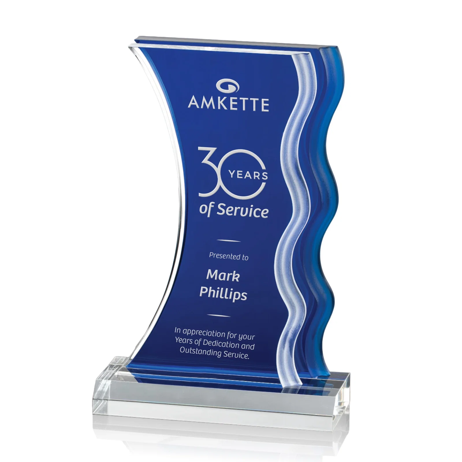 Custom Frosted Acrylic Award with Waterfall Edge and Azure Accent for sales achievement awards