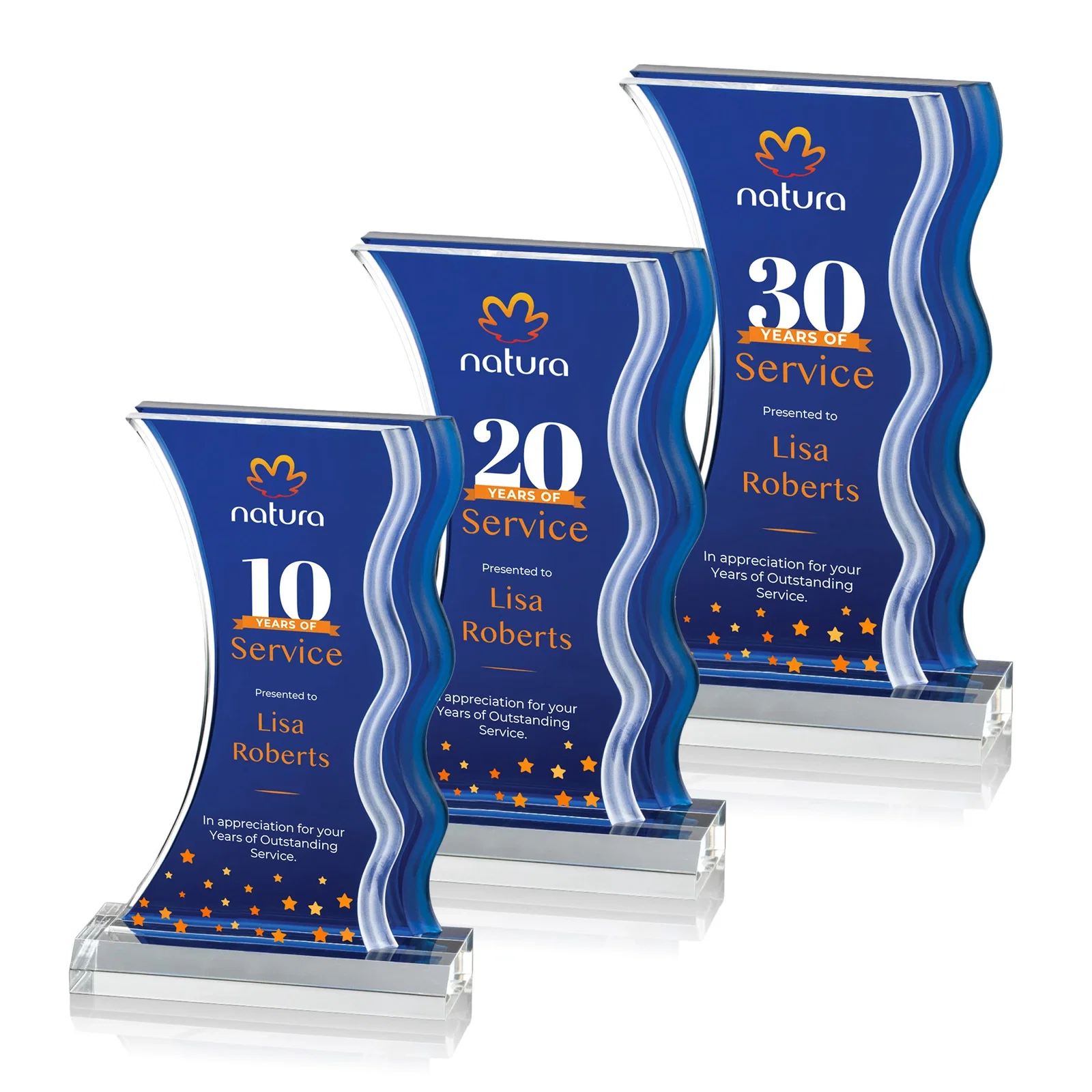 Custom Frosted Acrylic Award with Waterfall Edge and Azure Accent for retirement presentations
