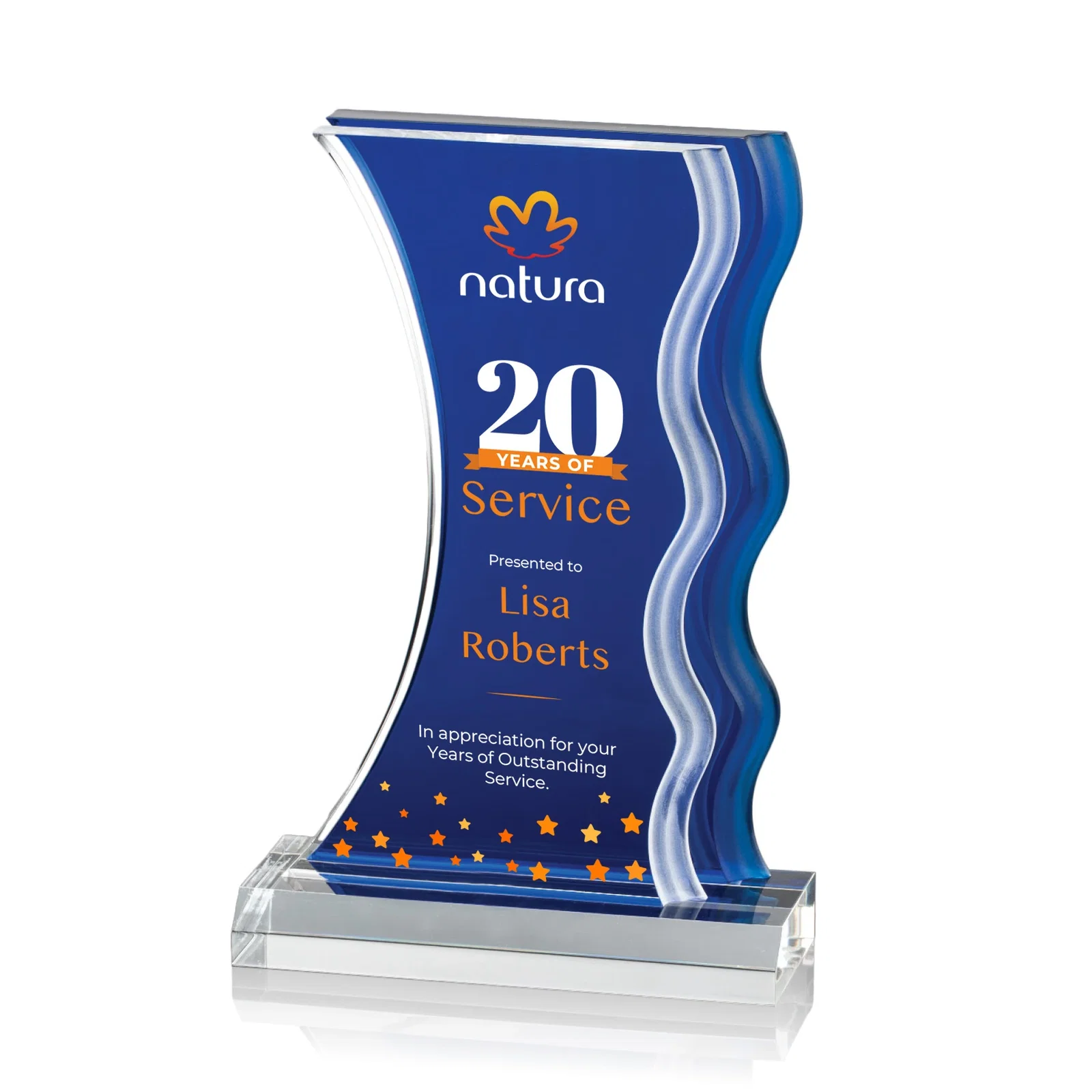 Custom Frosted Acrylic Award with Waterfall Edge and Azure Accent for donor appreciation