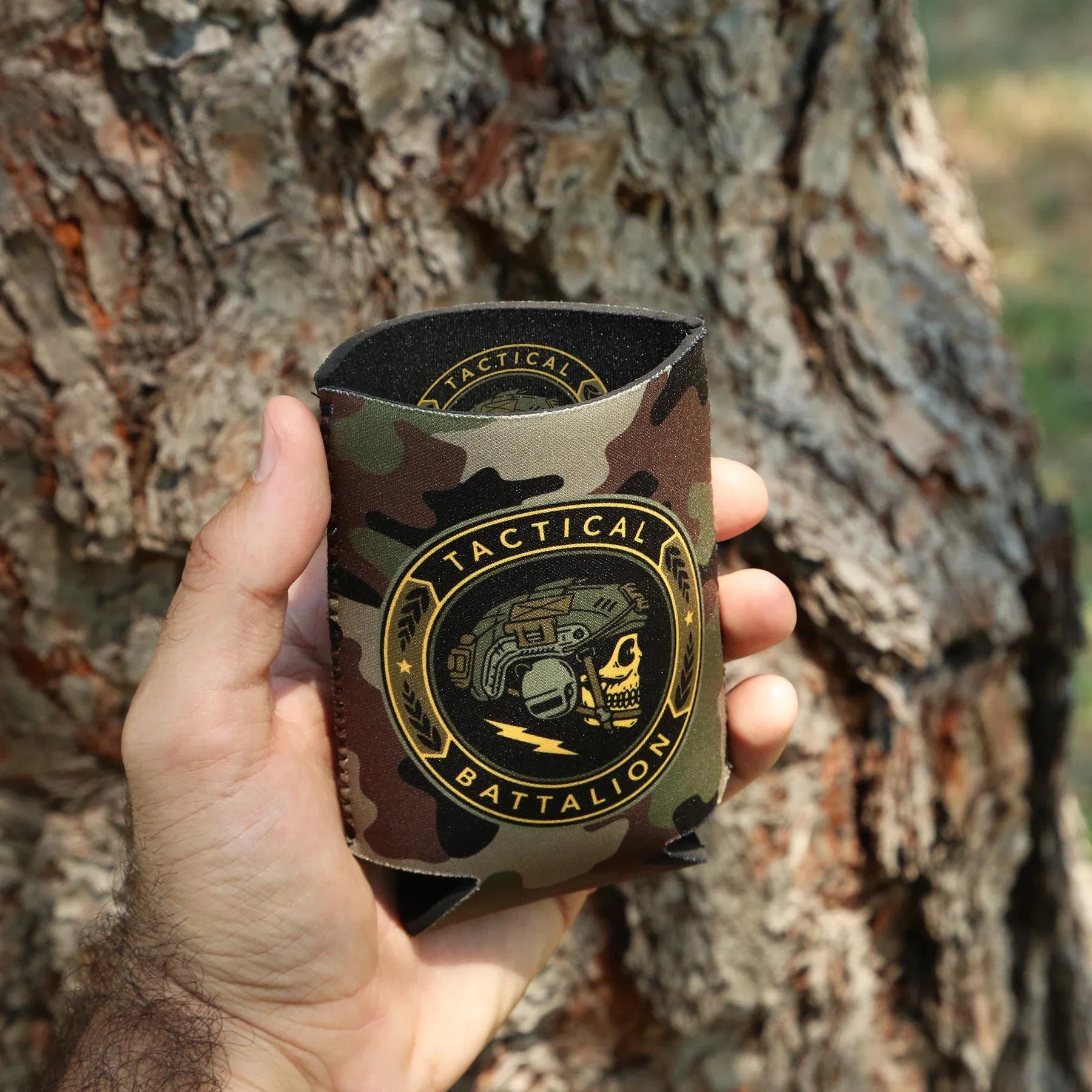 Overseas Direct Full Color Neoprene Can Cooler held in hand
