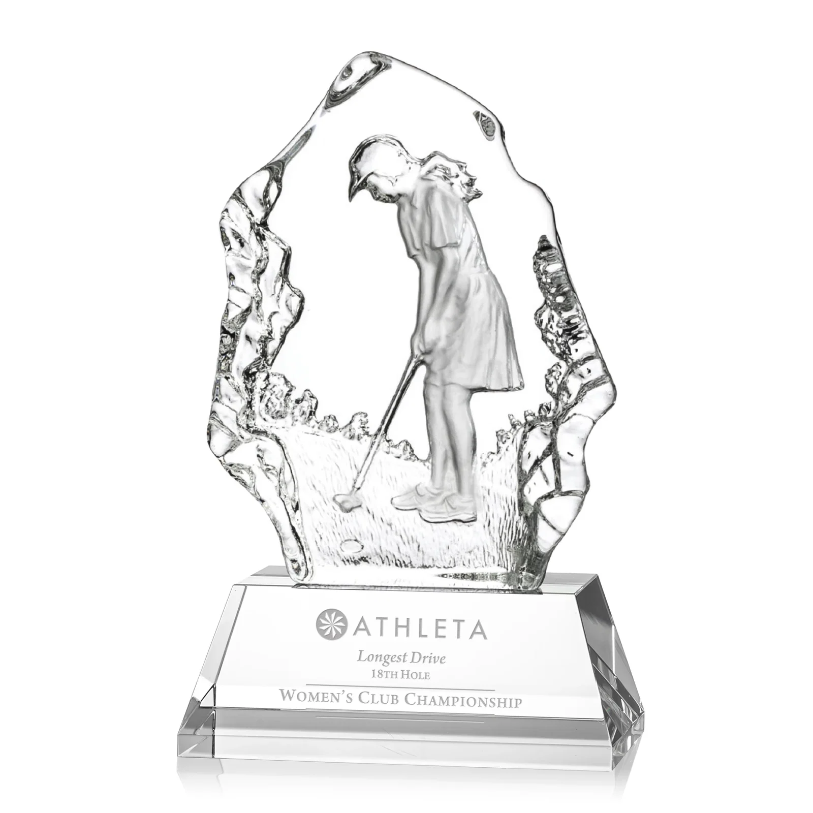 Custom Optical Crystal Iceberg Award with Molded Female Golfer for corporate award ceremonies