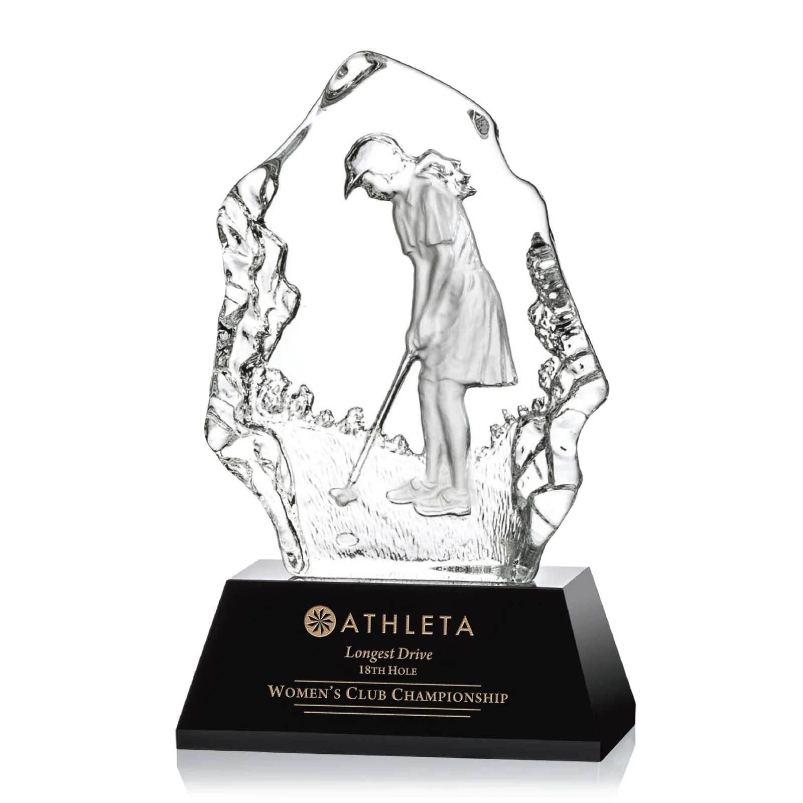Custom Optical Crystal Iceberg Award with Molded Female Golfer for service anniversary gifts