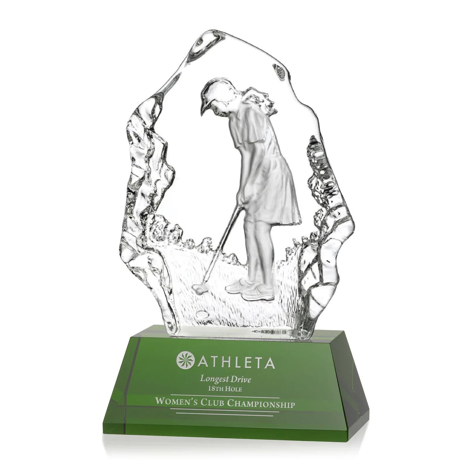 Custom Optical Crystal Iceberg Award with Molded Female Golfer for sales achievement awards