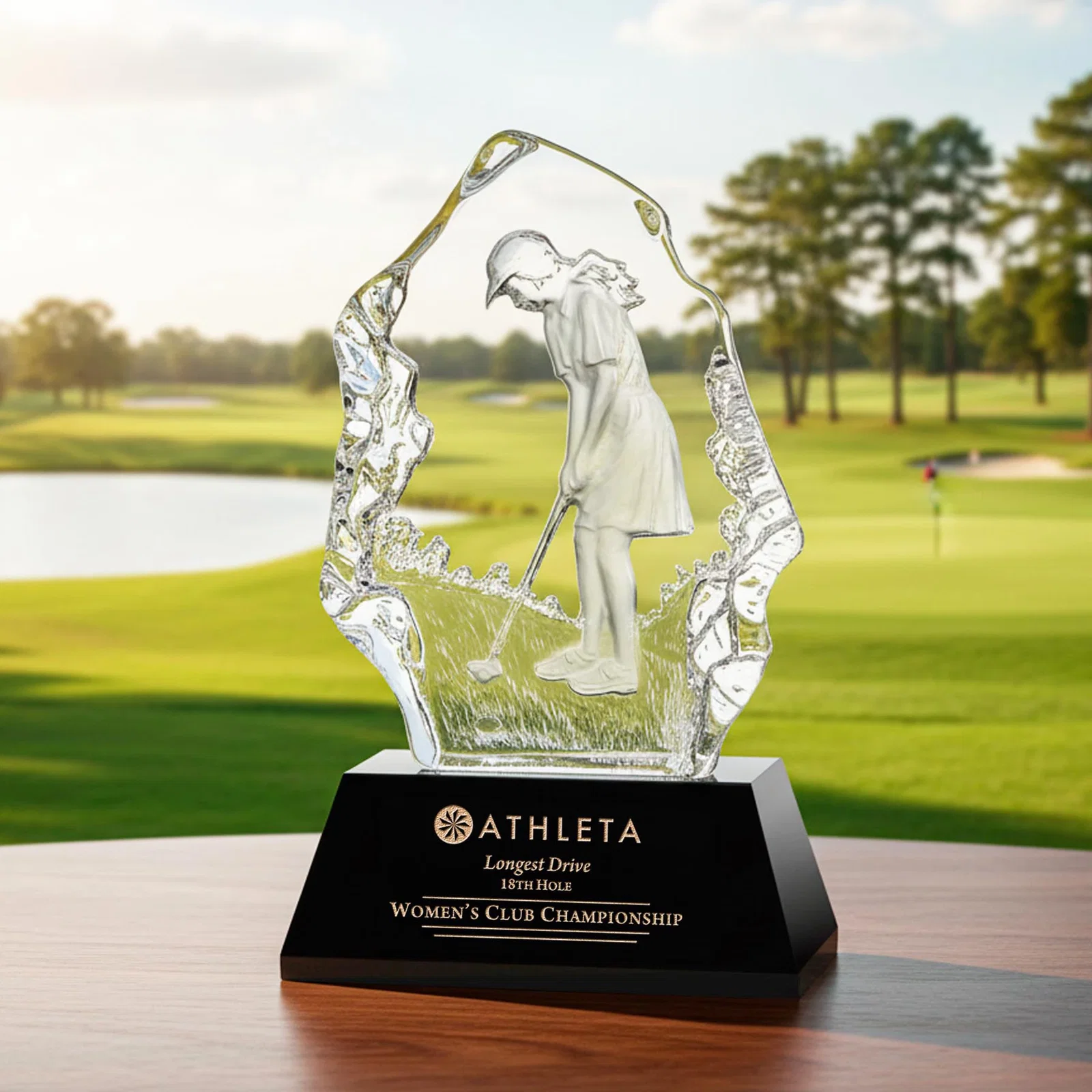 Custom Optical Crystal Iceberg Award with Molded Female Golfer for retirement presentations
