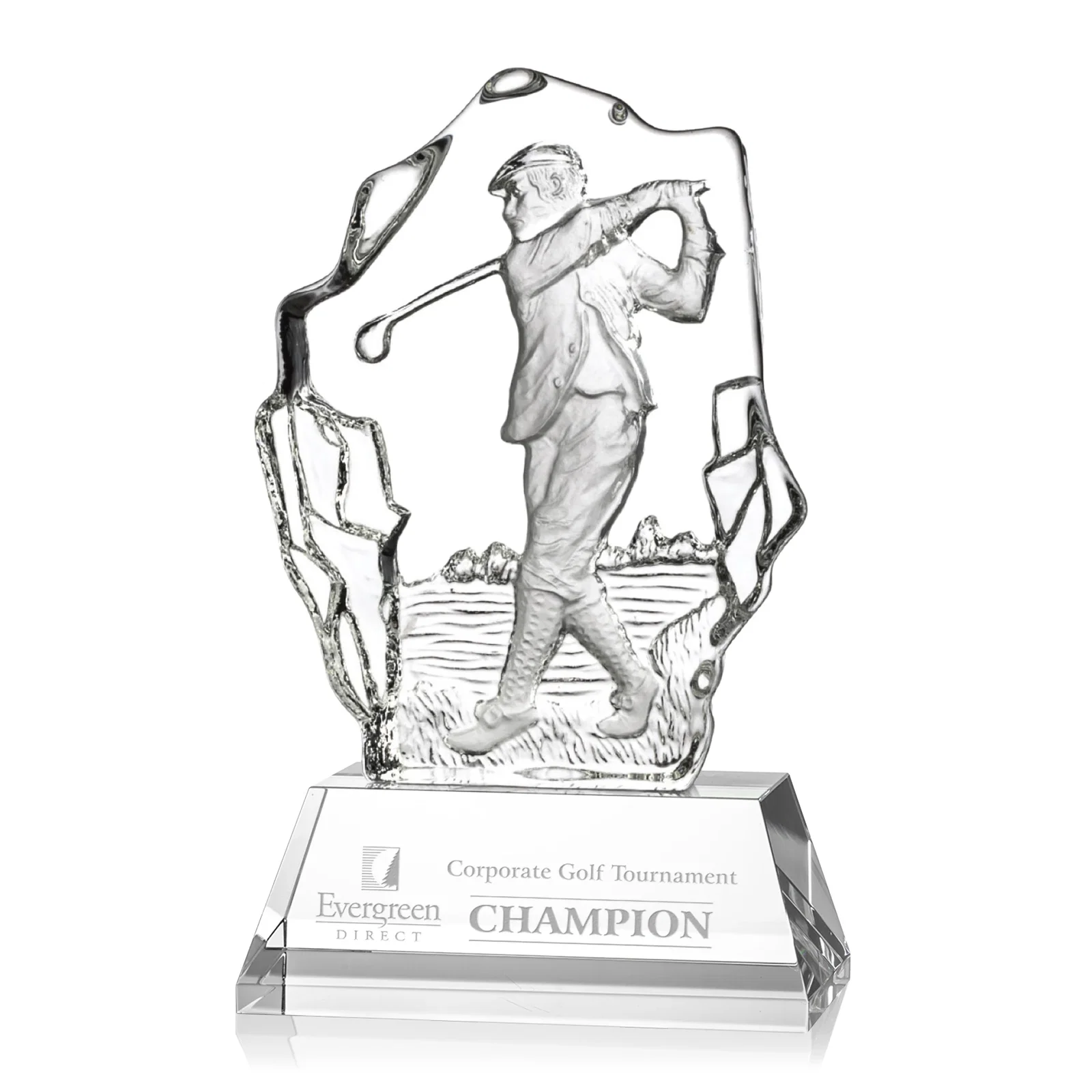 Custom Optical Crystal Iceberg Award with Molded Male Golfer for corporate award ceremonies