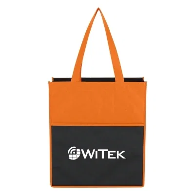 Black non-woven tote bag with orange trim and handles