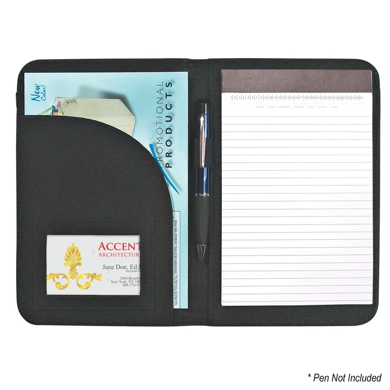 Closed padfolio photographed from the front against a plain backdrop