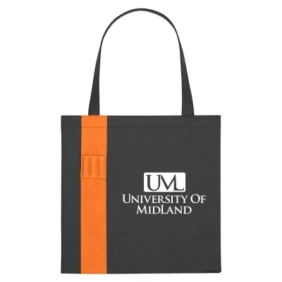 Black non-woven tote with an orange accent, fifteen inches square