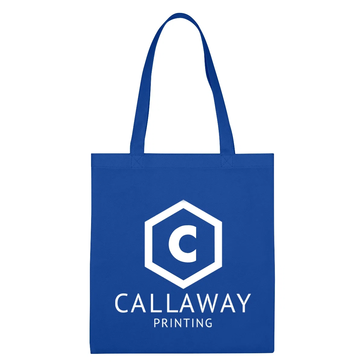 Non woven economy tote standing upright with two carry handles