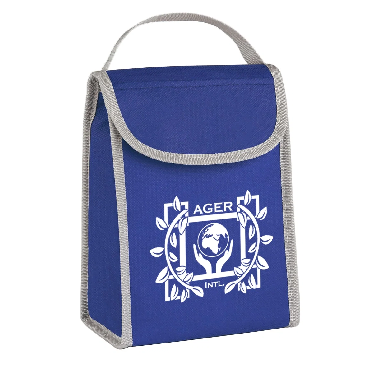 Blue folding lunch bag with an identification window on front