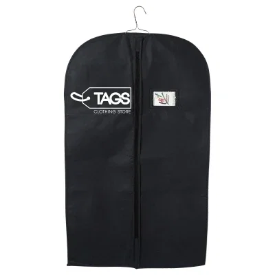 Front panel of the black garment cover shown flat