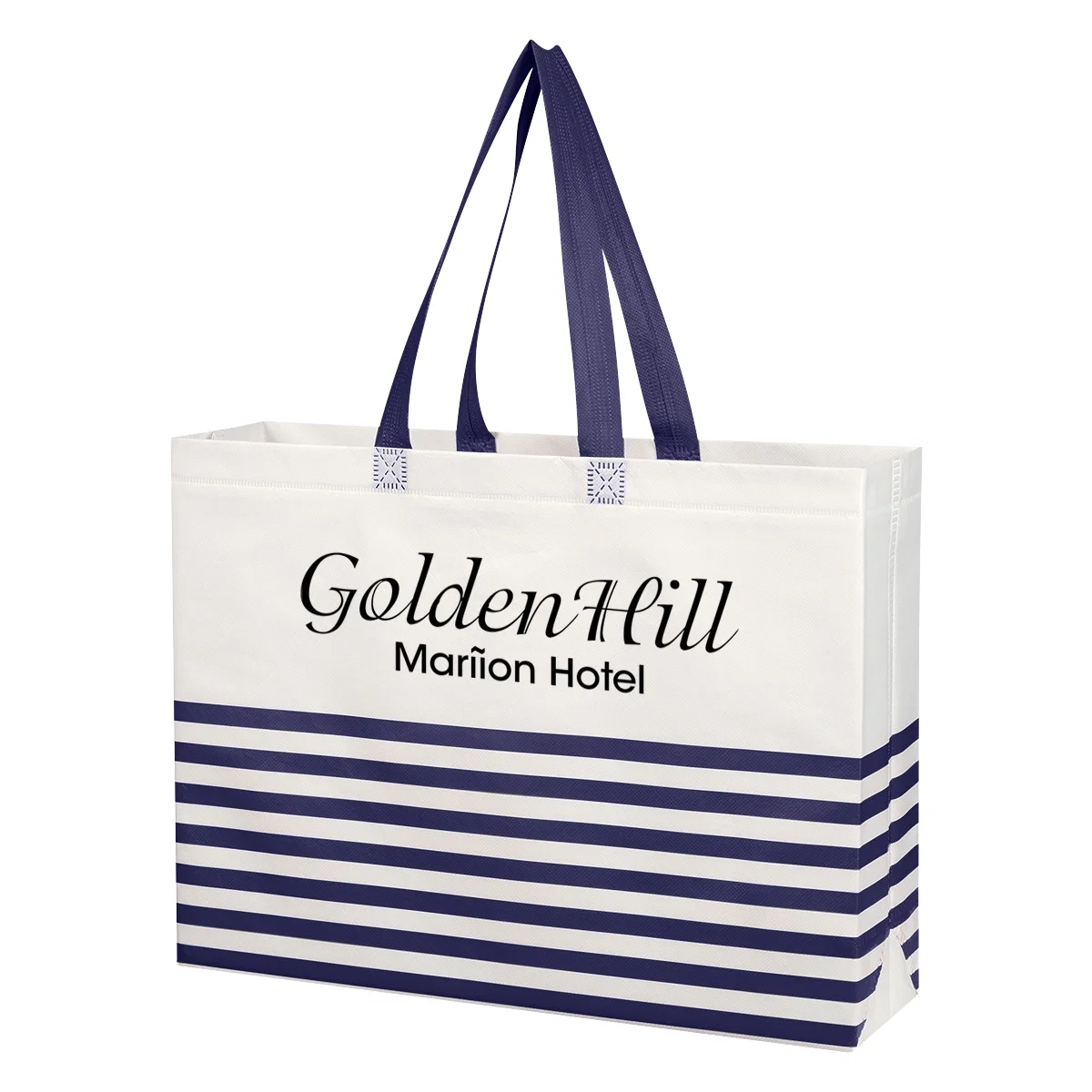 Horizontal stripe tote with white panels and colored trim