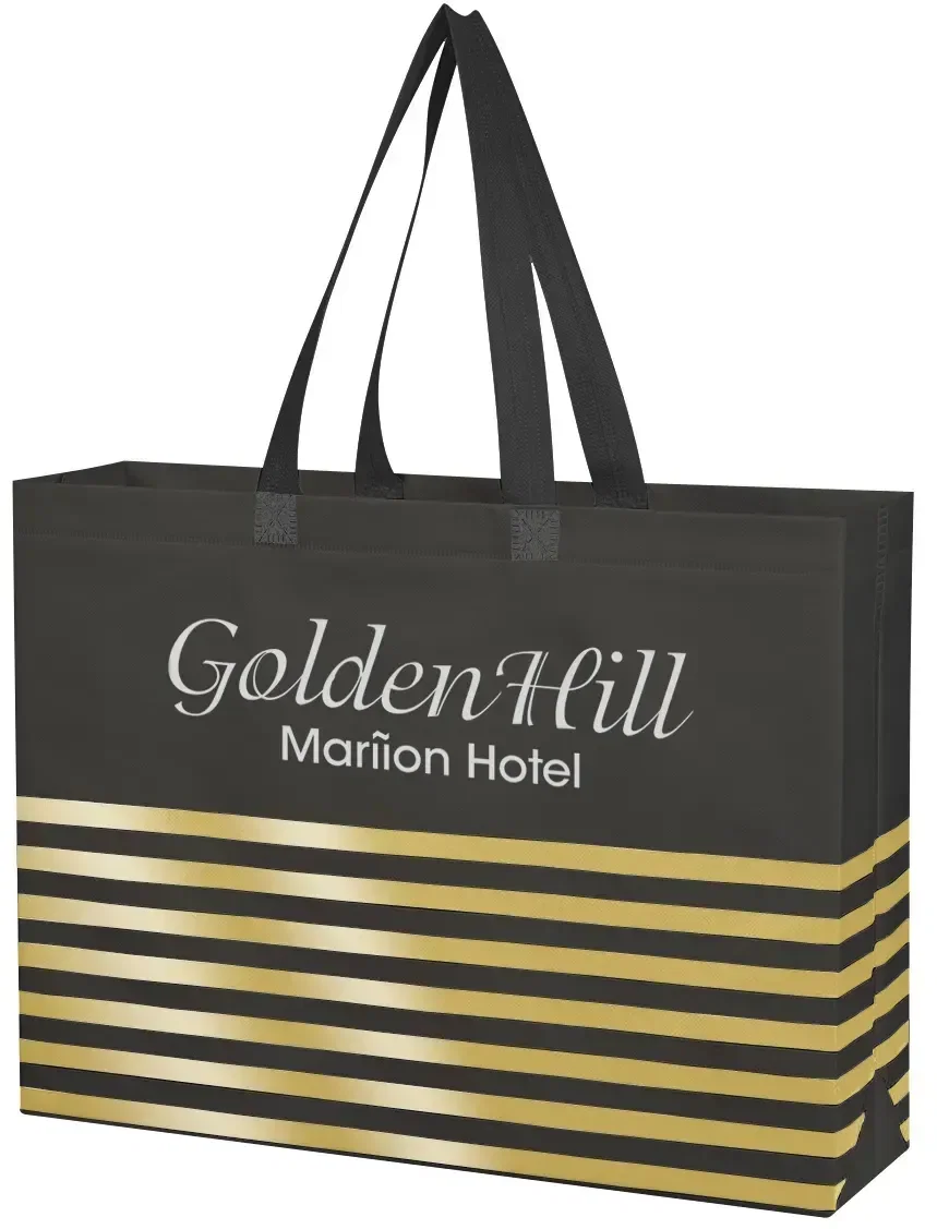 Striped shopper tote with contrast trim and long carry handles