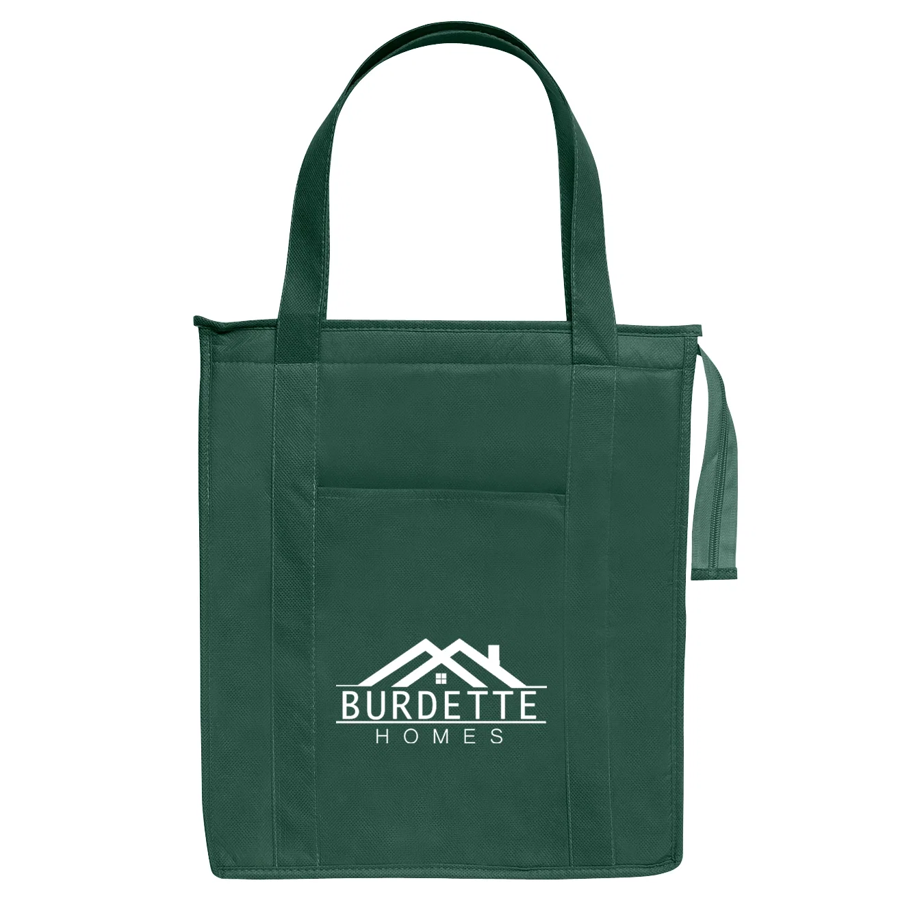 Handles looped over the front of the tote