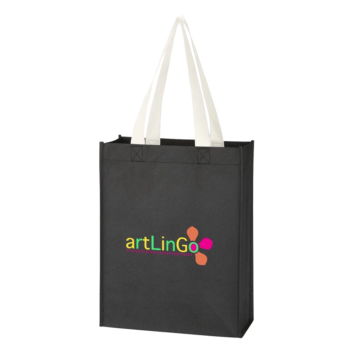 White straps contrasting with the black bag body