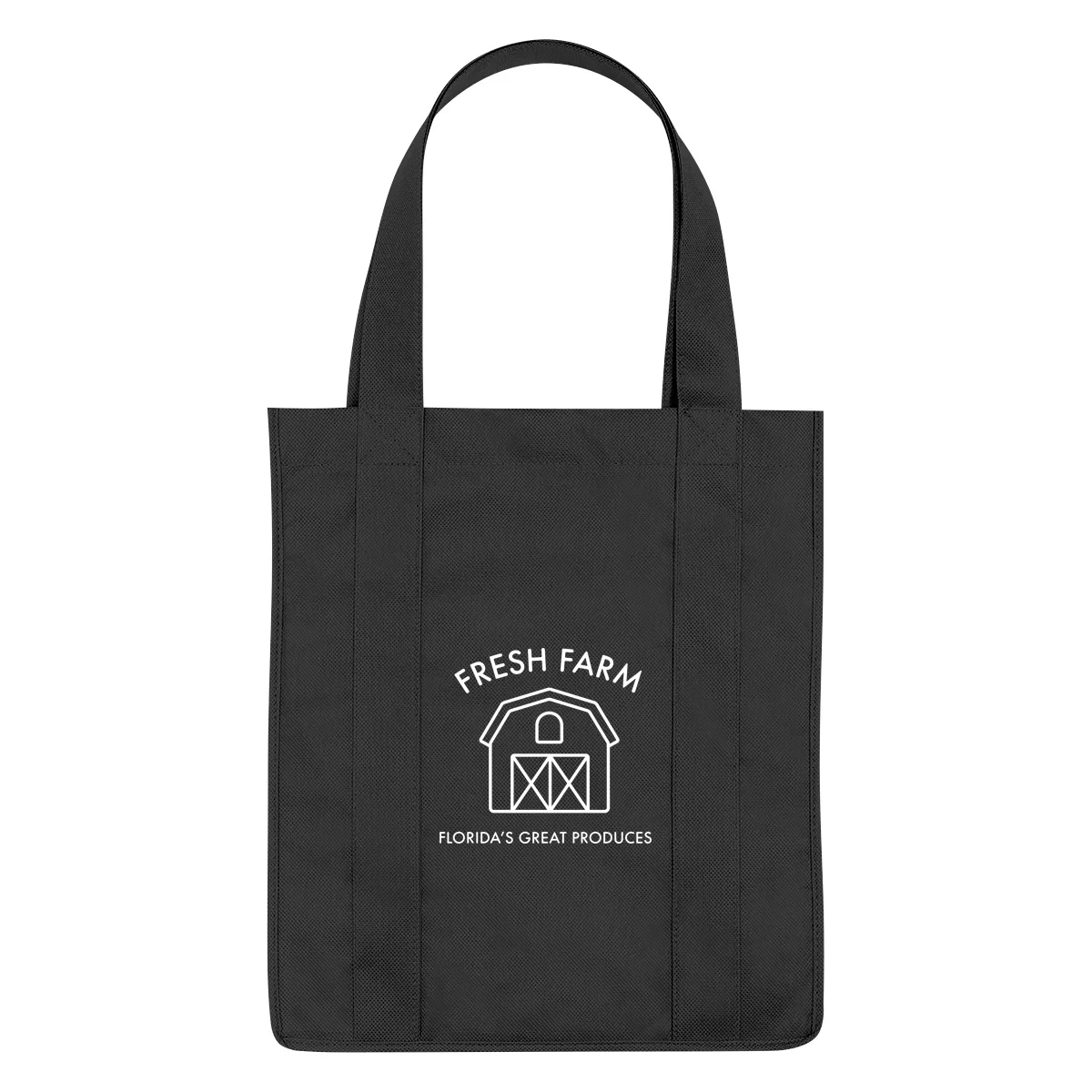 Non woven shopper tote standing open with twin carry handles