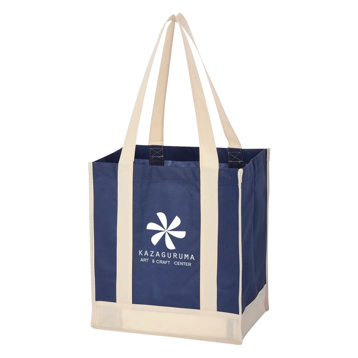 Two-tone shopper tote standing upright with its handles laid flat