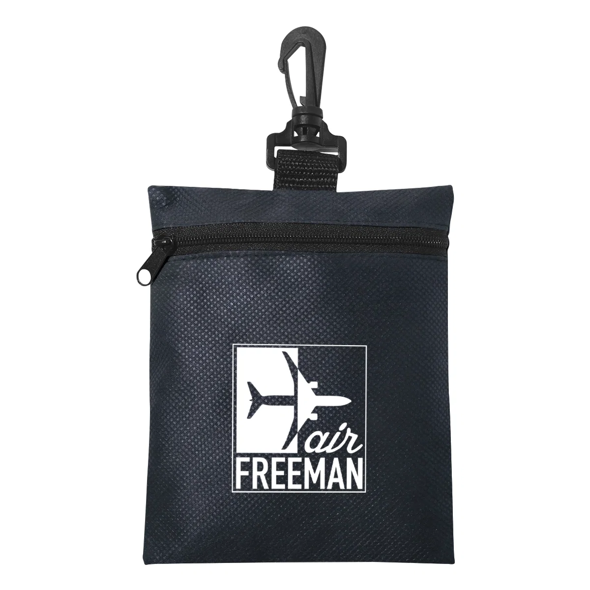 Non-woven zippered pouch lying flat with the zip closed