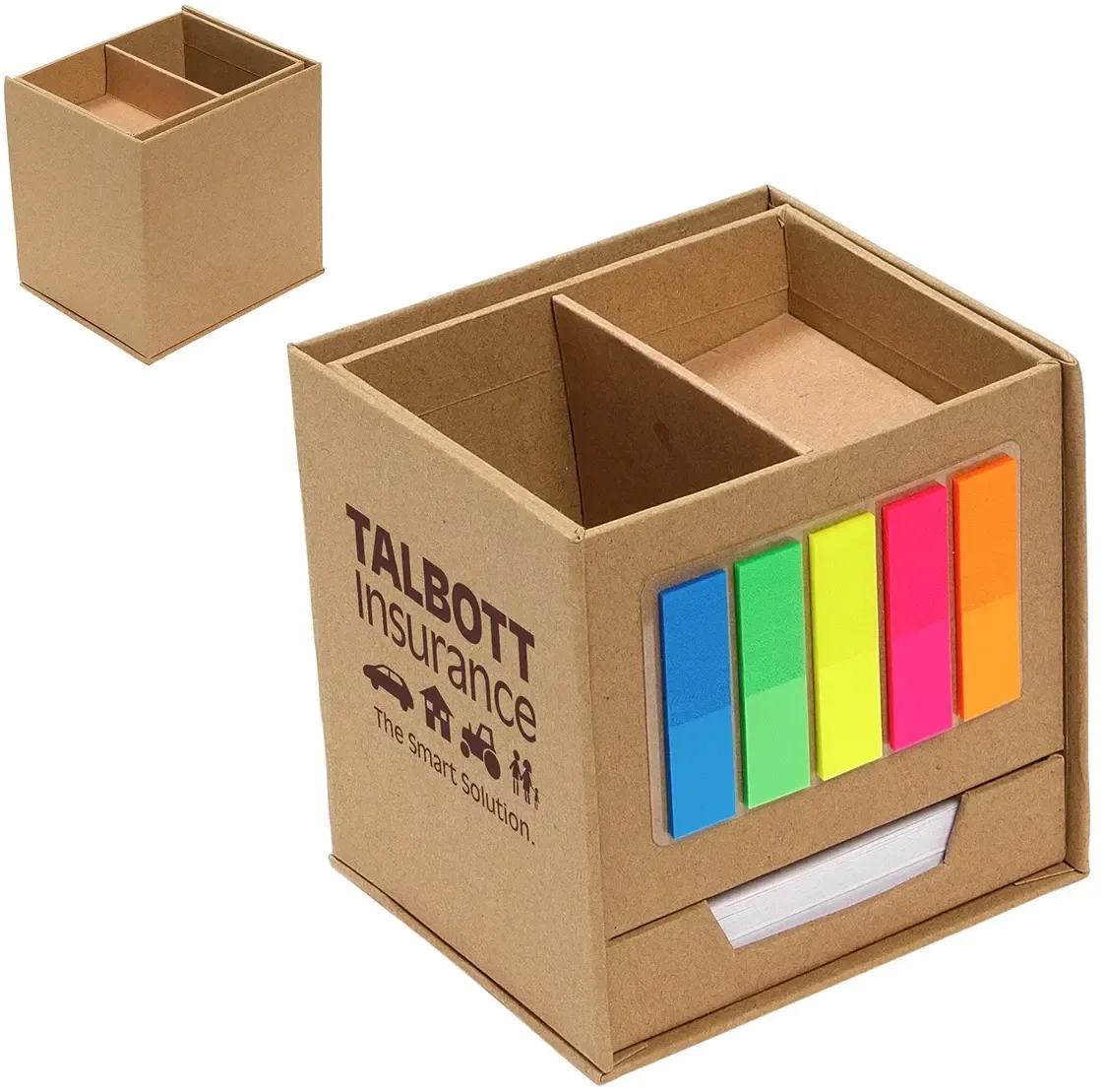 Custom branded kraft memo cube holding notes and flags, angled view