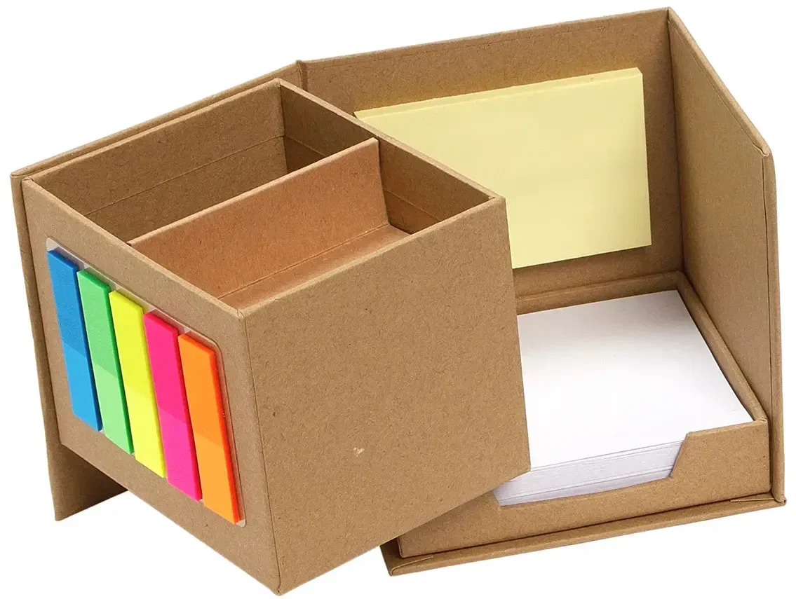Close-up of logo imprint on promotional kraft paper memo cube organizer