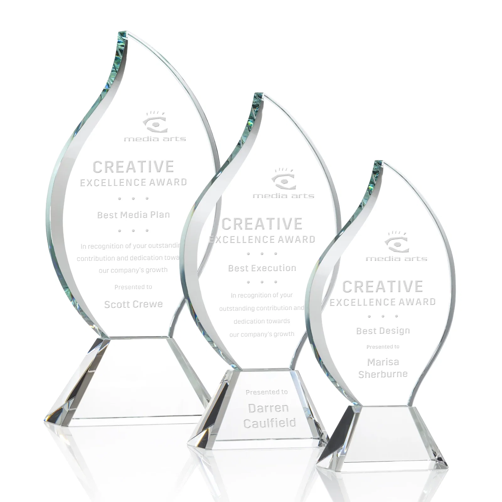 Custom Optical Crystal Flame Award with Sweeping Bevel on Tapered Base for employee recognition