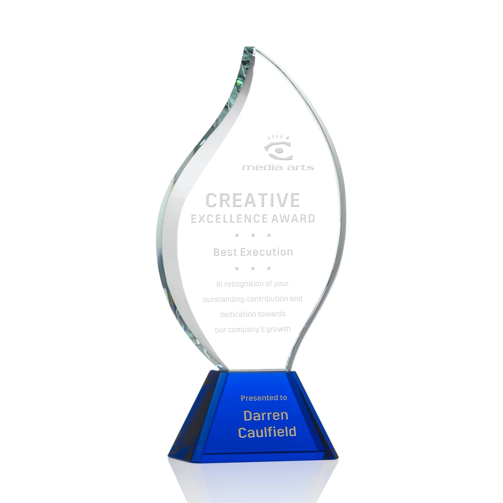 Custom Optical Crystal Flame Award with Sweeping Bevel on Tapered Base for dealer and partner awards