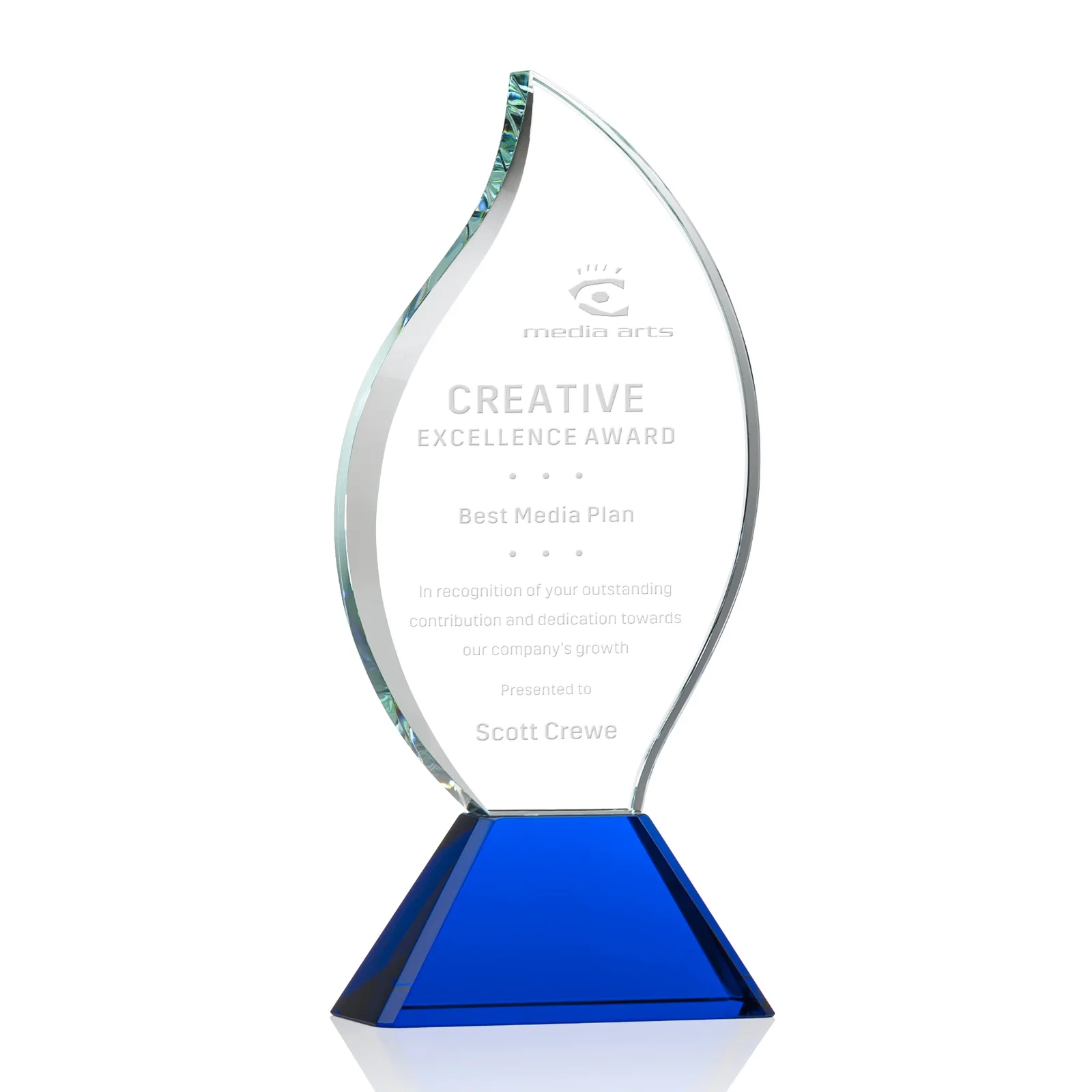 Custom Optical Crystal Flame Award with Sweeping Bevel on Tapered Base for company anniversary events