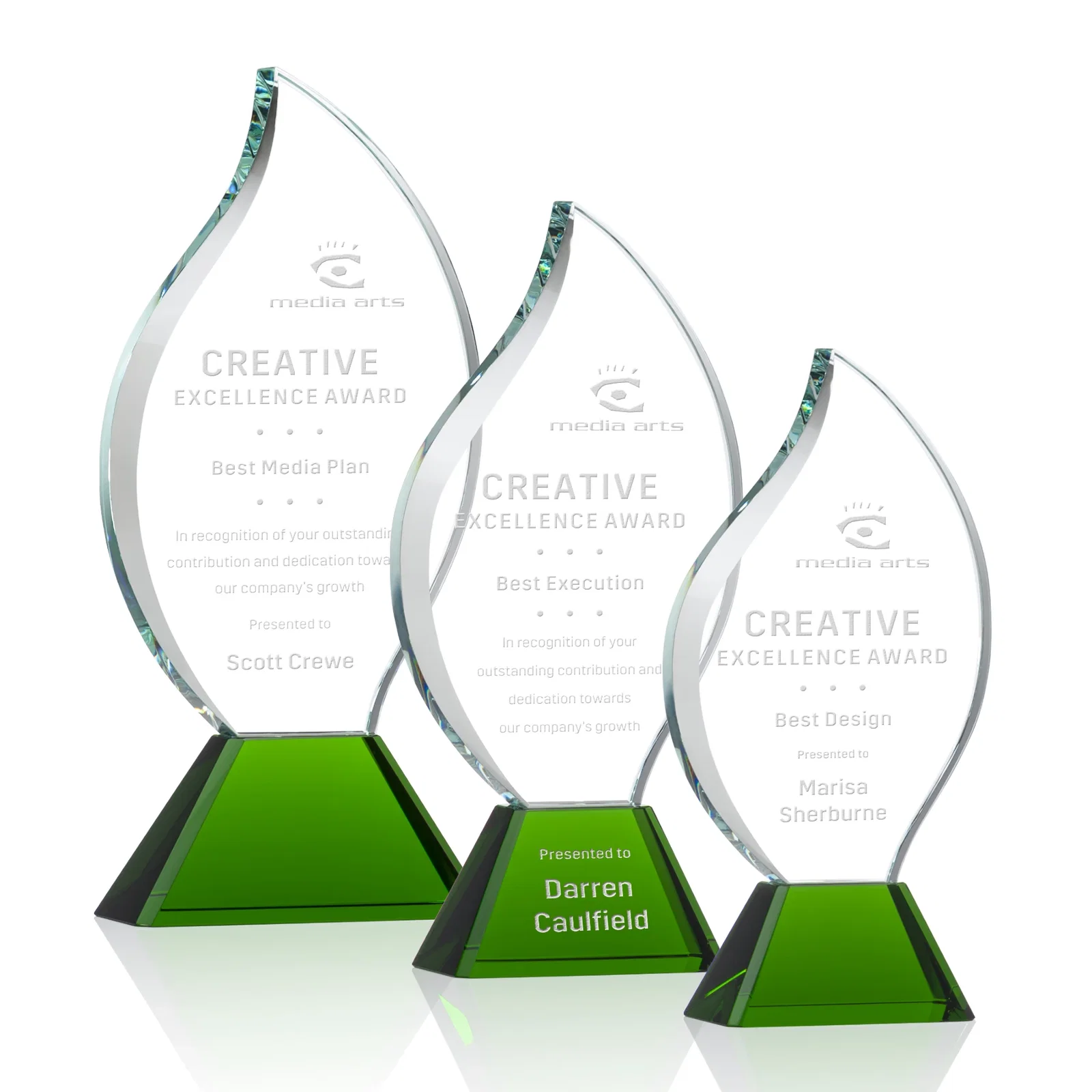 Personalized Optical Crystal Flame Award with Sweeping Bevel on Tapered Base for employee recognition