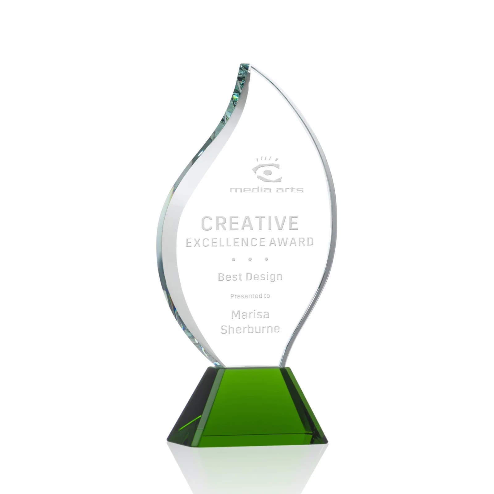 Personalized Optical Crystal Flame Award with Sweeping Bevel on Tapered Base for corporate award ceremonies
