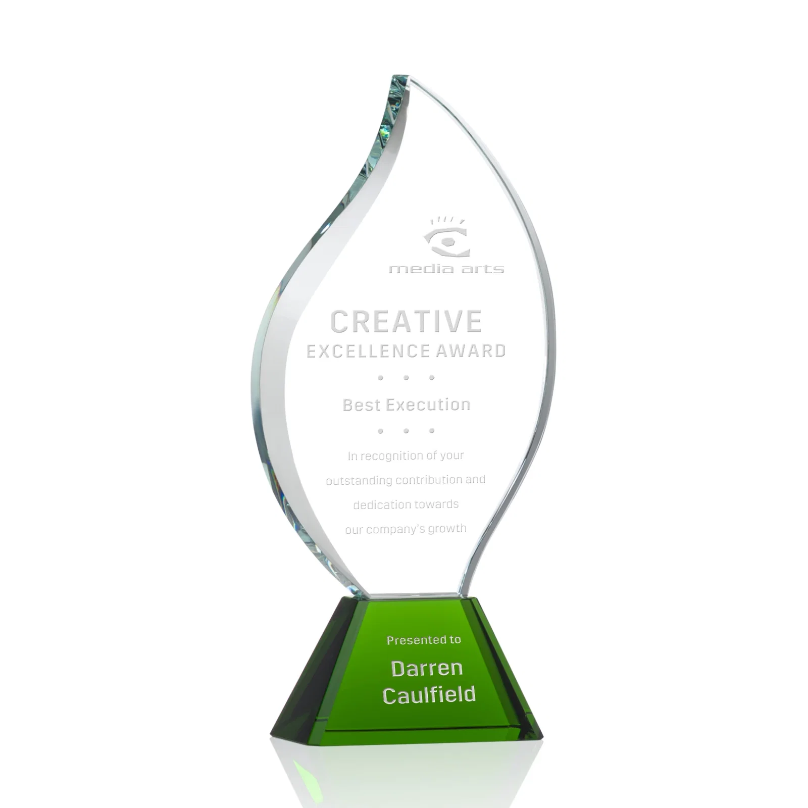 Personalized Optical Crystal Flame Award with Sweeping Bevel on Tapered Base for service anniversary gifts