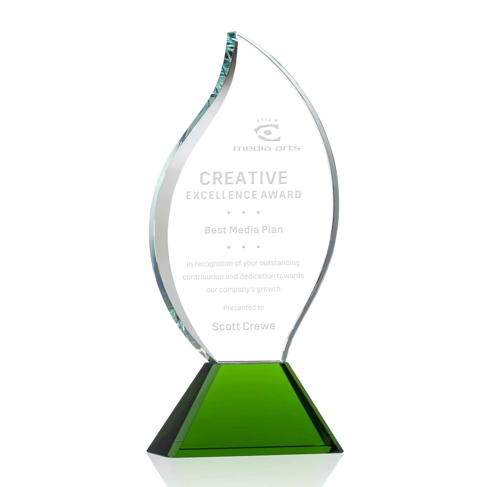 Personalized Optical Crystal Flame Award with Sweeping Bevel on Tapered Base for sales achievement awards