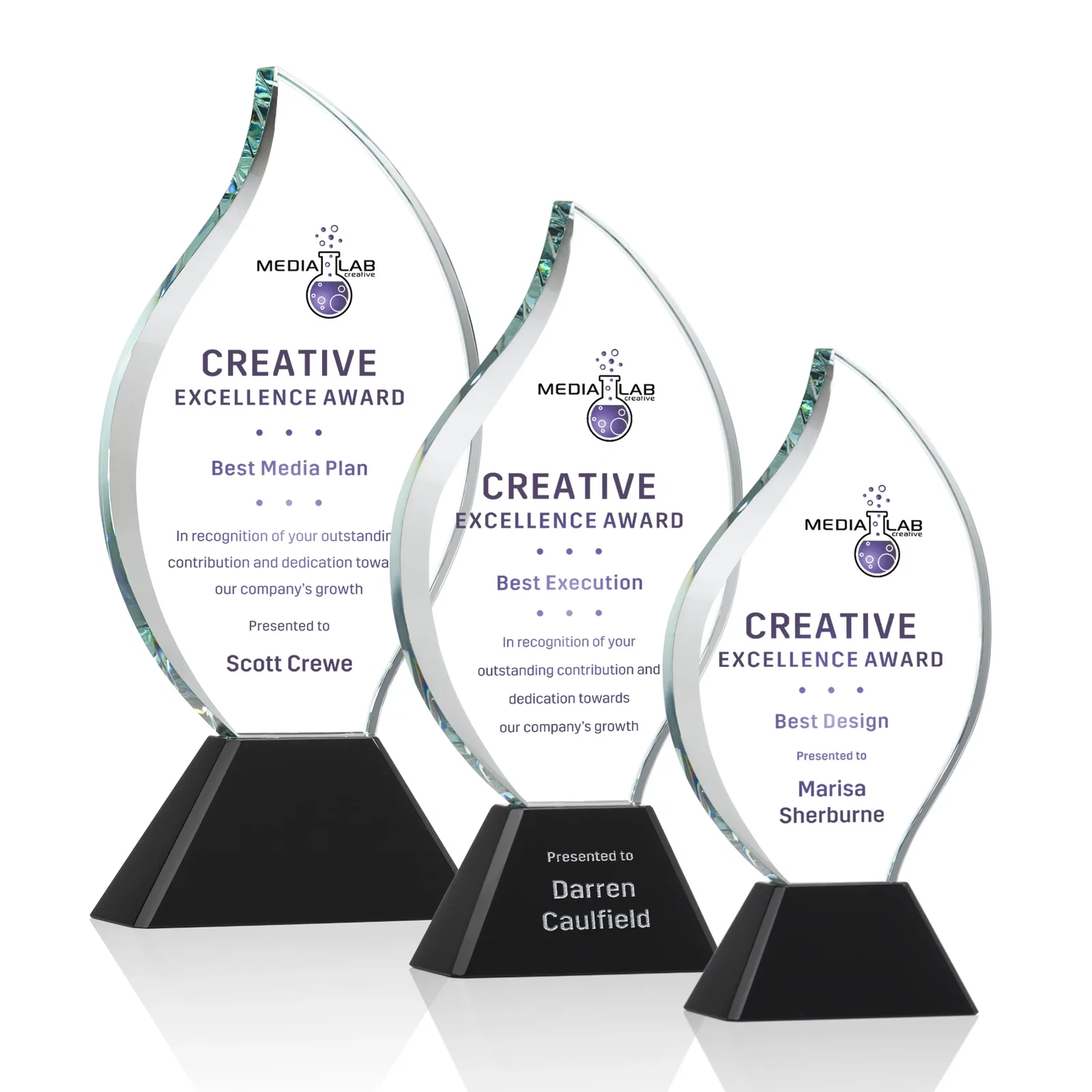 Personalized Optical Crystal Flame Award with Sweeping Bevel on Tapered Base for retirement presentations