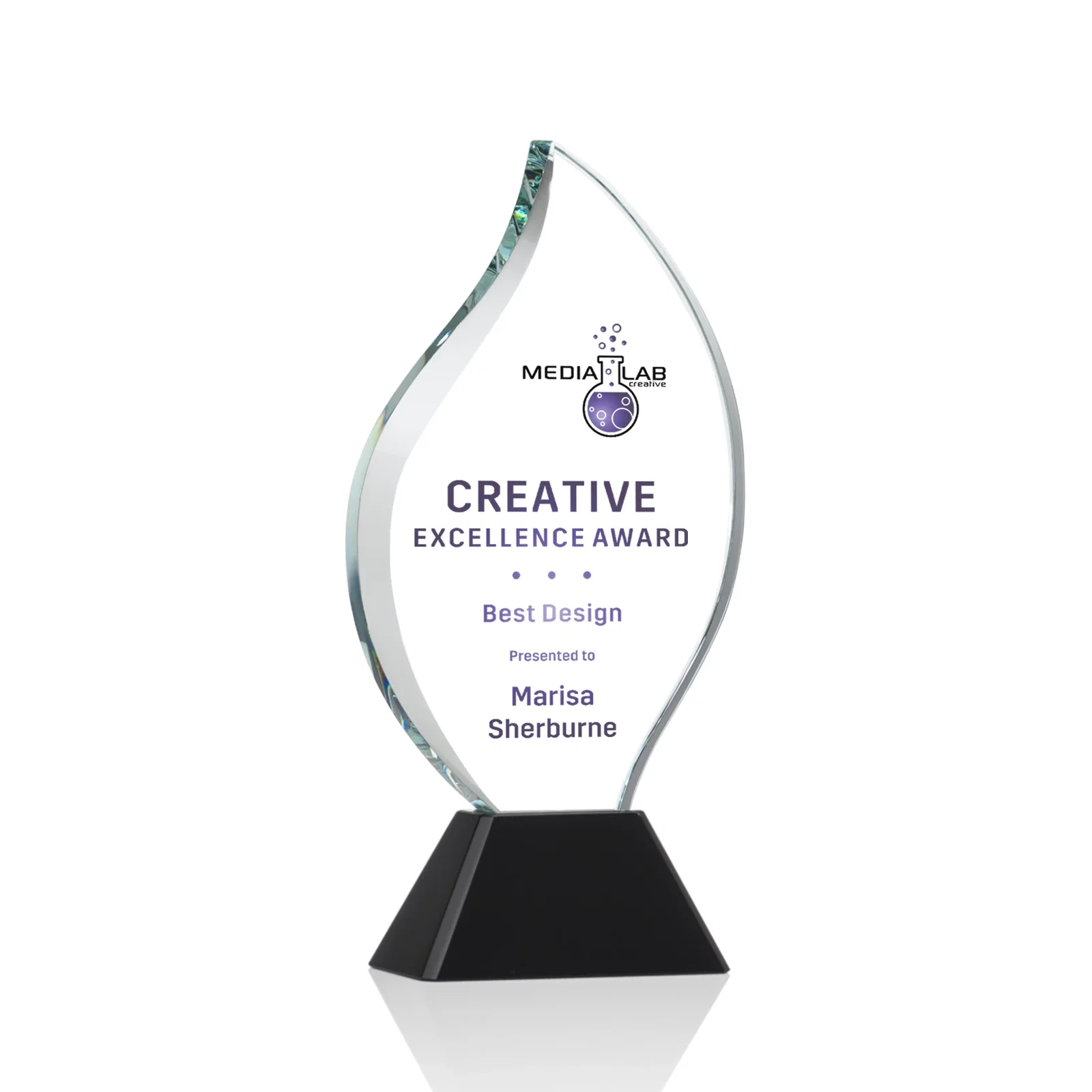 Personalized Optical Crystal Flame Award with Sweeping Bevel on Tapered Base for team milestone celebrations