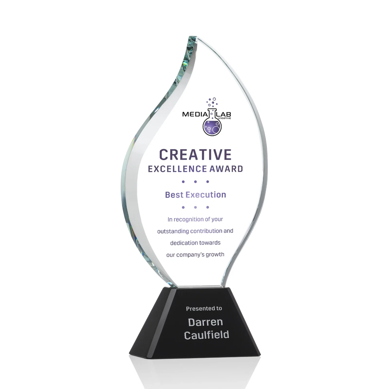 Personalized Optical Crystal Flame Award with Sweeping Bevel on Tapered Base for donor appreciation