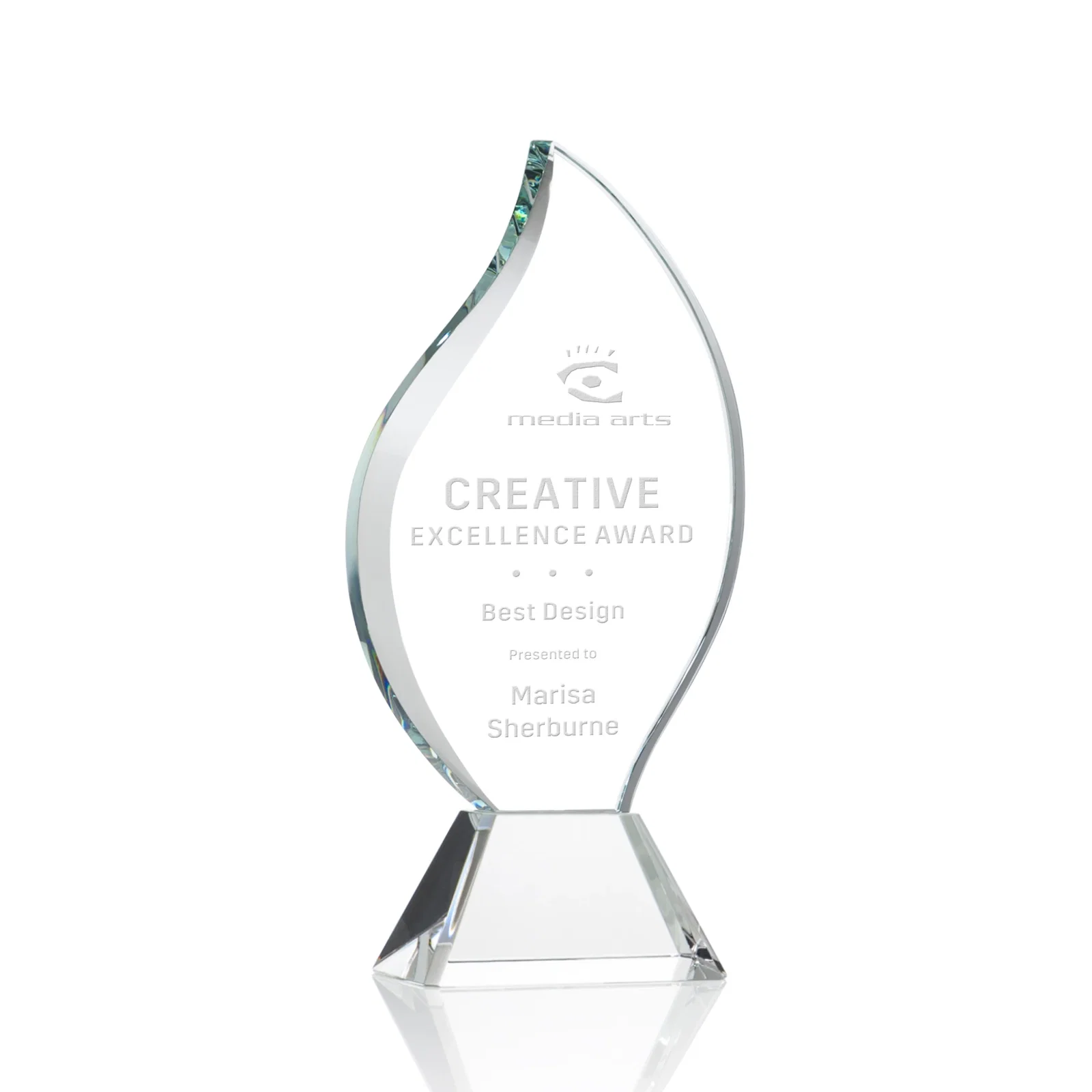 Custom Optical Crystal Flame Award with Sweeping Bevel on Tapered Base for corporate award ceremonies