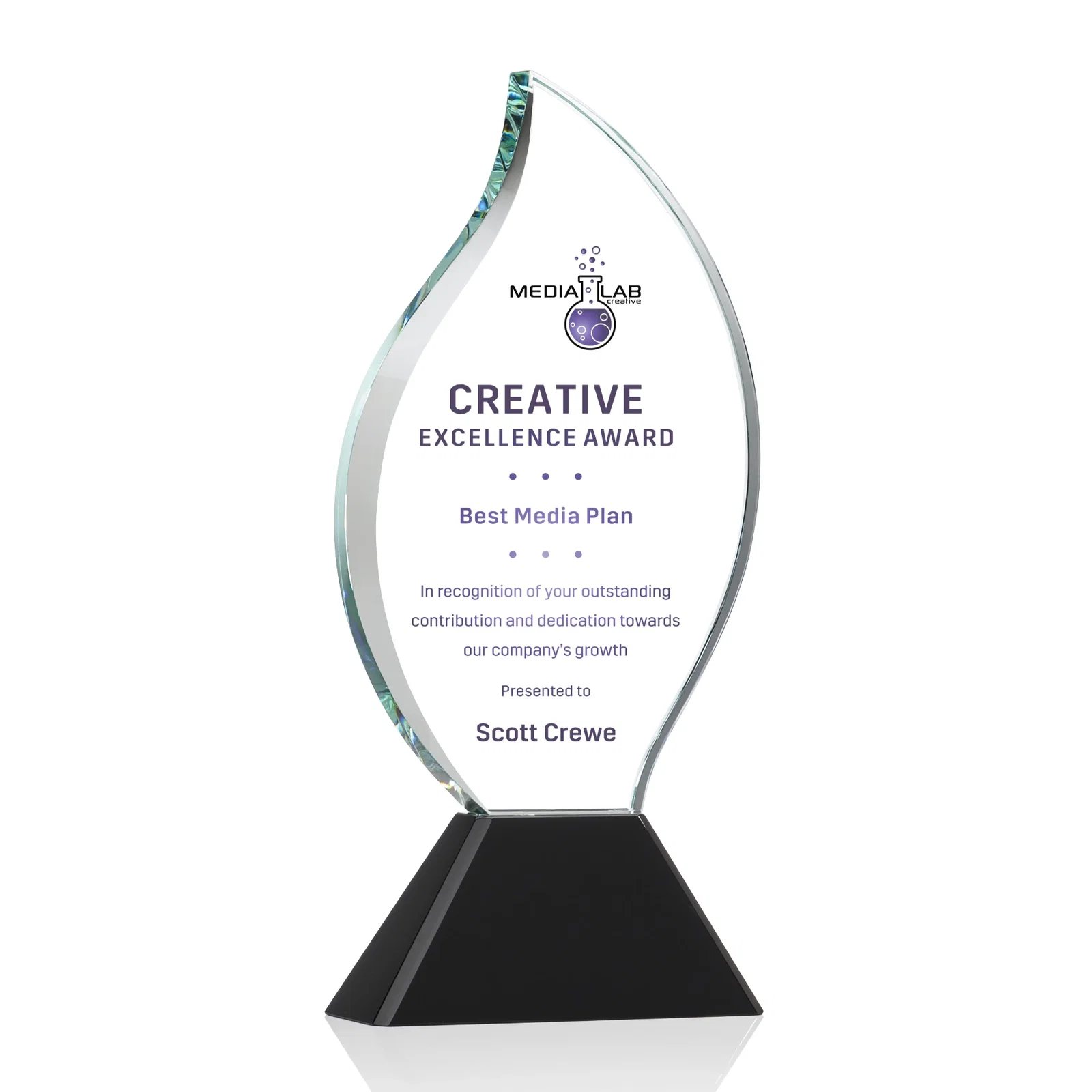 Personalized Optical Crystal Flame Award with Sweeping Bevel on Tapered Base for graduation ceremonies