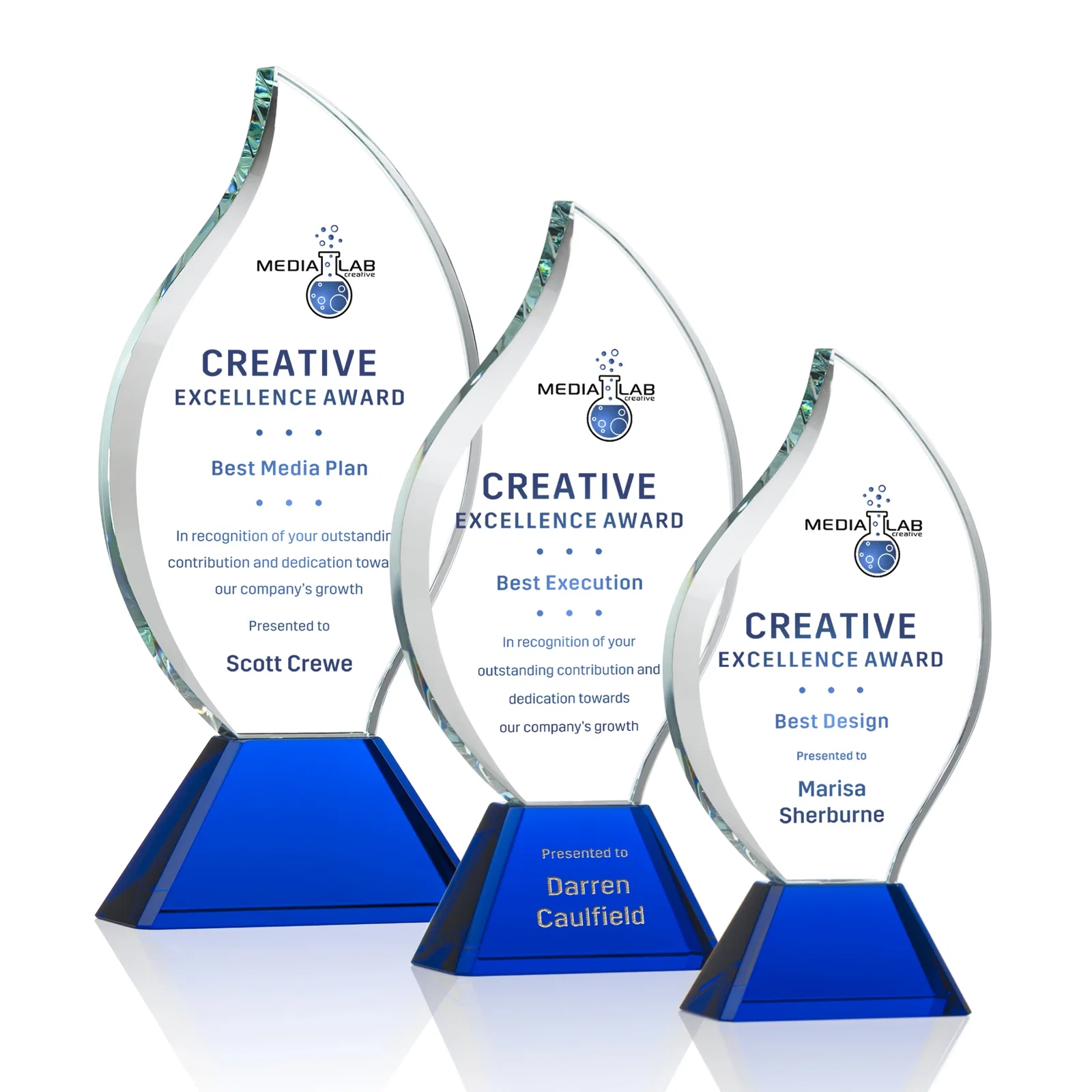 Personalized Optical Crystal Flame Award with Sweeping Bevel on Tapered Base for safety achievement programs