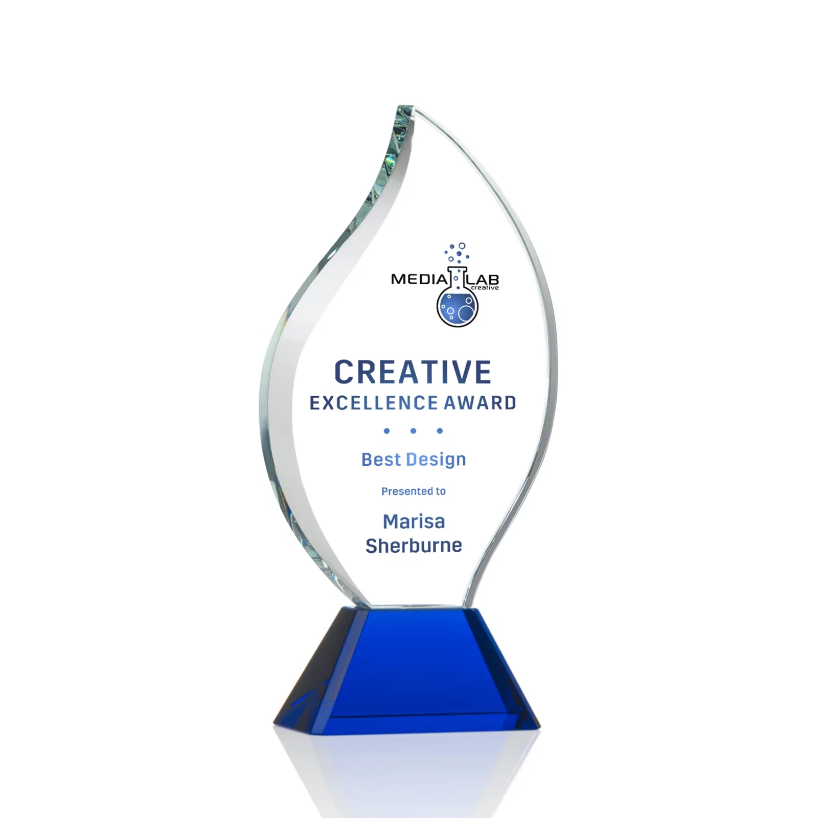 Personalized Optical Crystal Flame Award with Sweeping Bevel on Tapered Base for volunteer appreciation