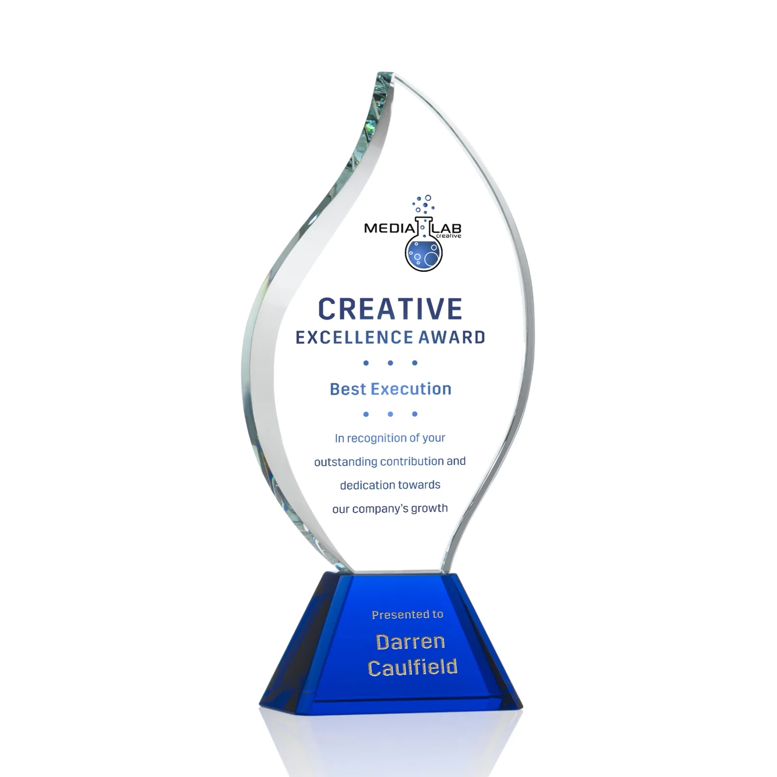 Personalized Optical Crystal Flame Award with Sweeping Bevel on Tapered Base for dealer and partner awards
