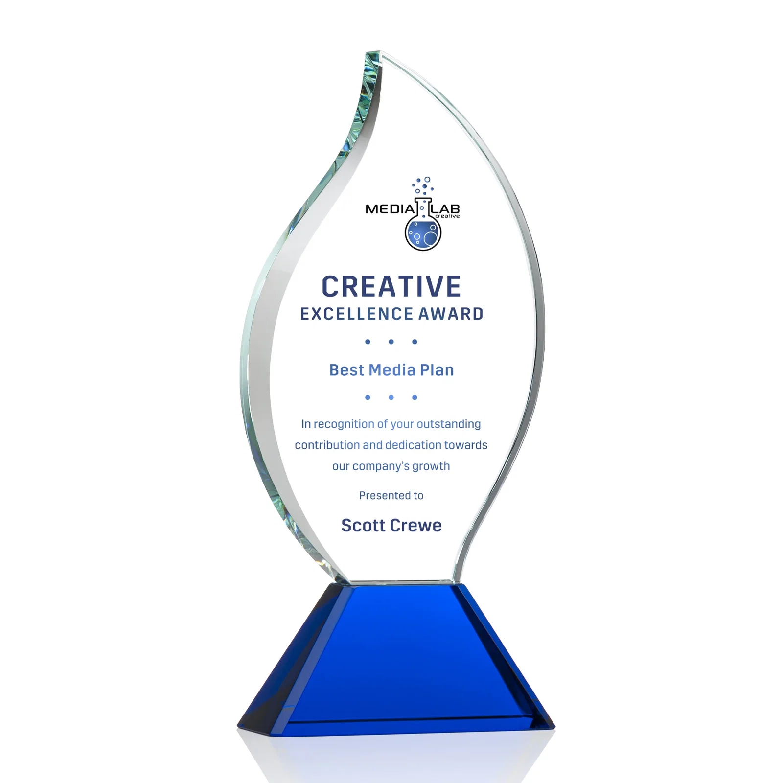 Personalized Optical Crystal Flame Award with Sweeping Bevel on Tapered Base for company anniversary events