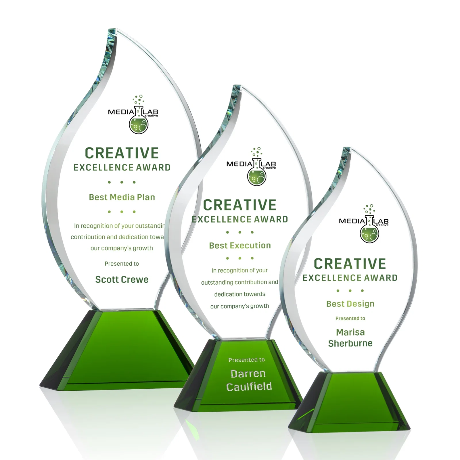 Promotional Optical Crystal Flame Award with Sweeping Bevel on Tapered Base for employee recognition