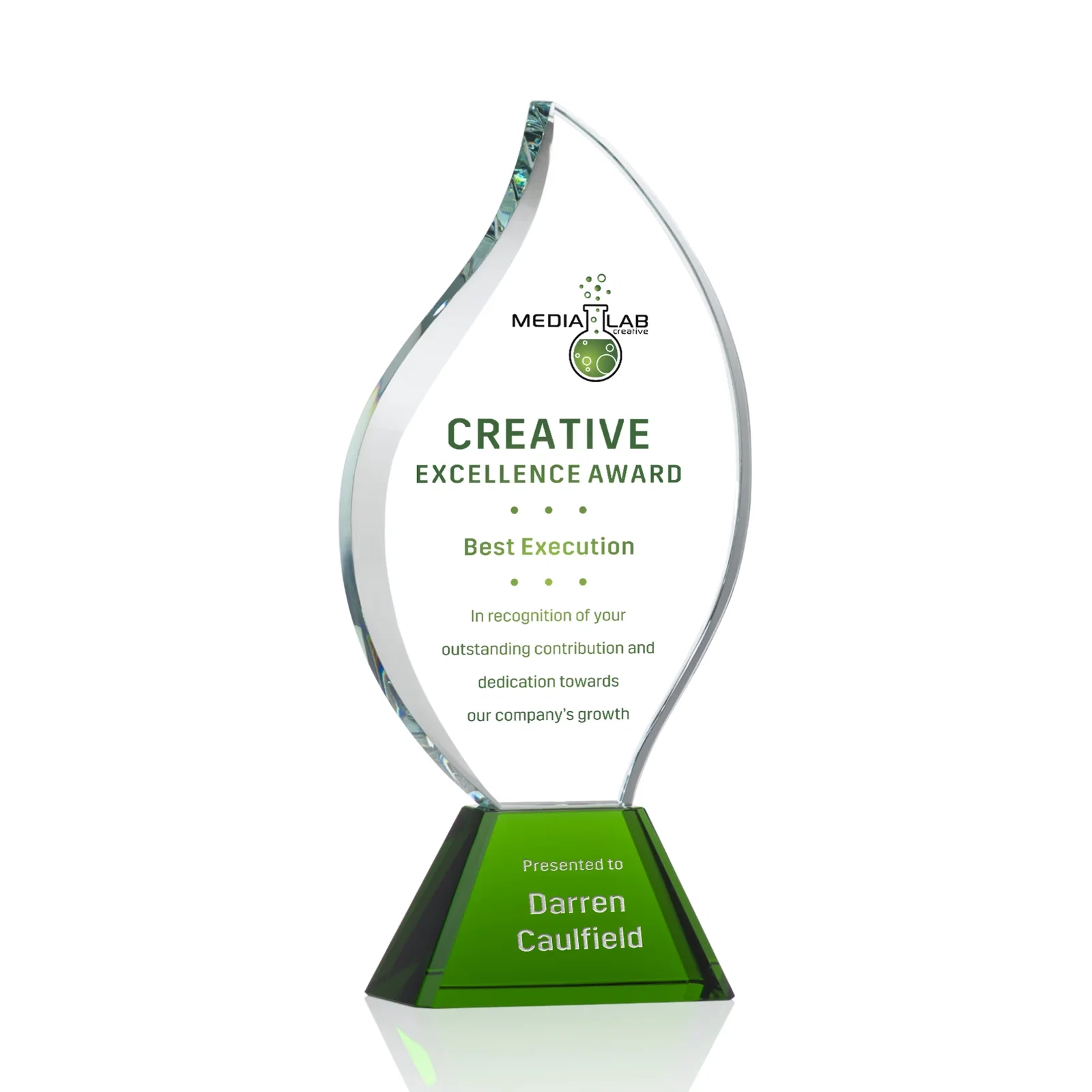 Promotional Optical Crystal Flame Award with Sweeping Bevel on Tapered Base for service anniversary gifts