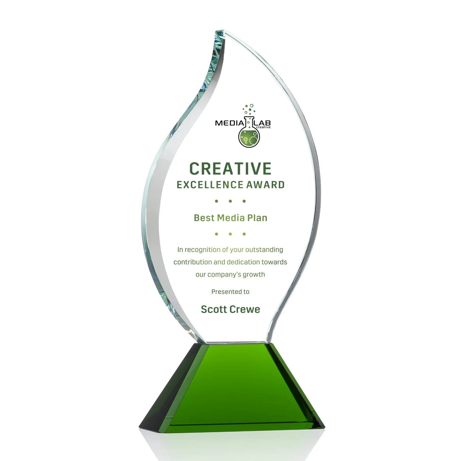 Promotional Optical Crystal Flame Award with Sweeping Bevel on Tapered Base for sales achievement awards